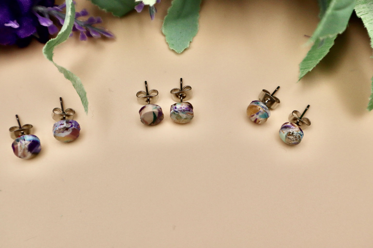 3 Pairs Multicolored Marble Stud Earrings