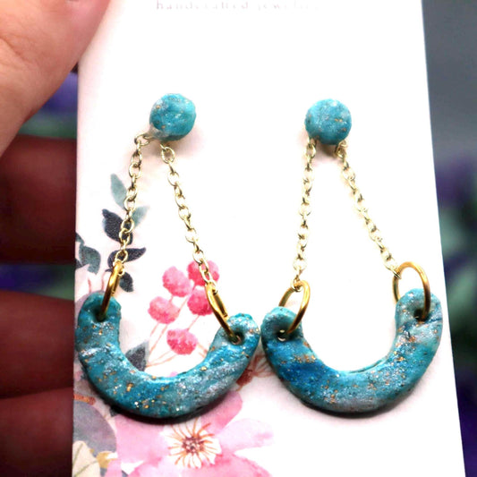 Gold & Turquoise Swinging Arch Dangle Earrings – Modern Polymer Clay Earrings – Statement Arch Earrings – Boho Gift for Her – Lightweight