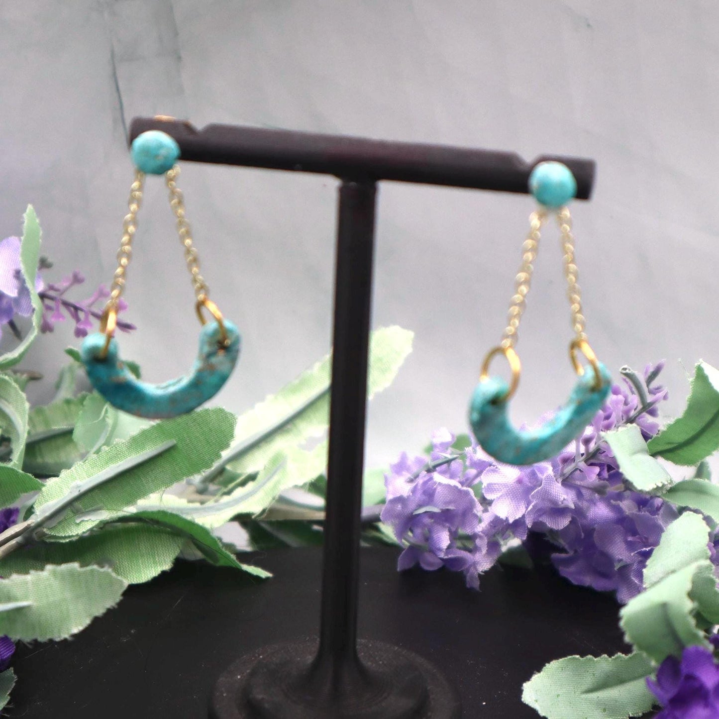 Gold & Turquoise Swinging Arch Dangle Earrings – Modern Polymer Clay Earrings – Statement Arch Earrings – Boho Gift for Her – Lightweight