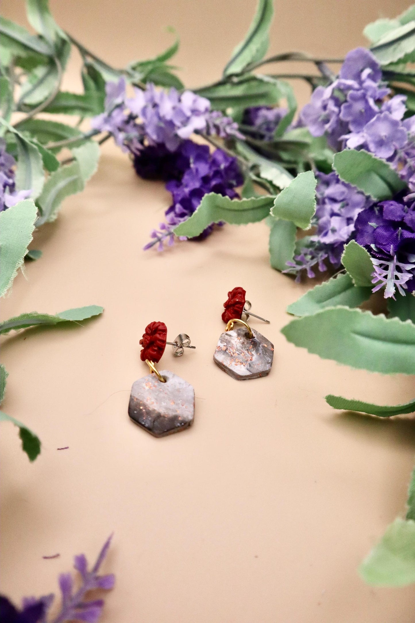 Red Rose and Rose Gold Marble Hexagon Dangle Earrings | Polymer Clay