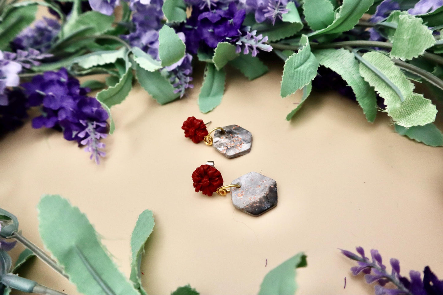 Red Rose and Rose Gold Marble Hexagon Dangle Earrings | Polymer Clay