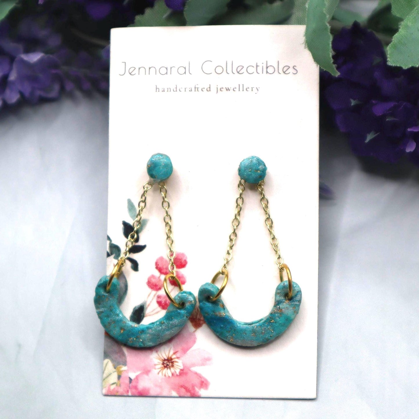 Gold & Turquoise Swinging Arch Dangle Earrings – Modern Polymer Clay Earrings – Statement Arch Earrings – Boho Gift for Her – Lightweight