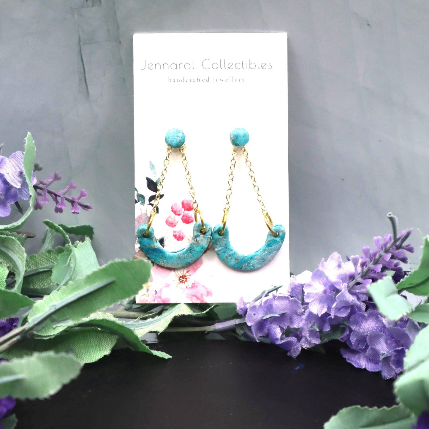 Gold & Turquoise Swinging Arch Dangle Earrings – Modern Polymer Clay Earrings – Statement Arch Earrings – Boho Gift for Her – Lightweight
