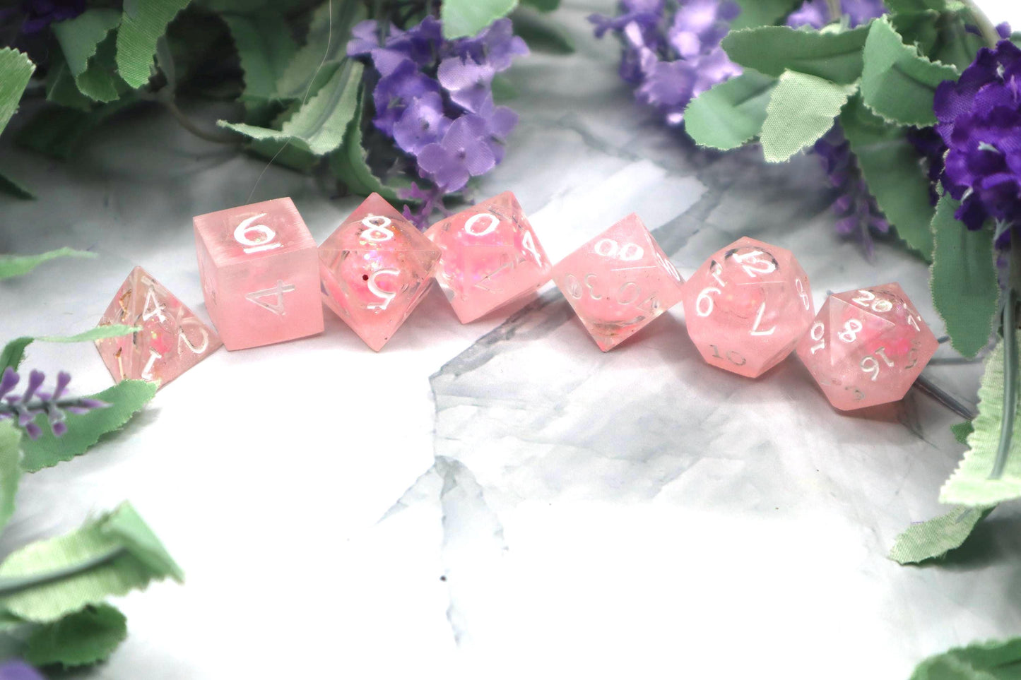 Pink & White Glitter Liquid Core Resin Dice Set – Handmade DnD Dice – Sparkly Tabletop Dice – RPG Gamer Gift – TTRPG Dice Set