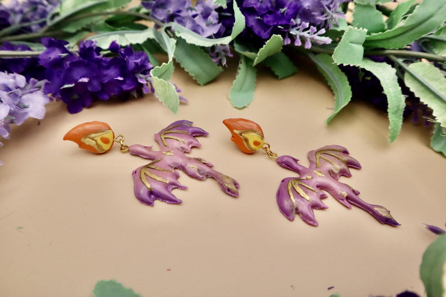 Fire Breathing Purple Dragon Dangle Earrings