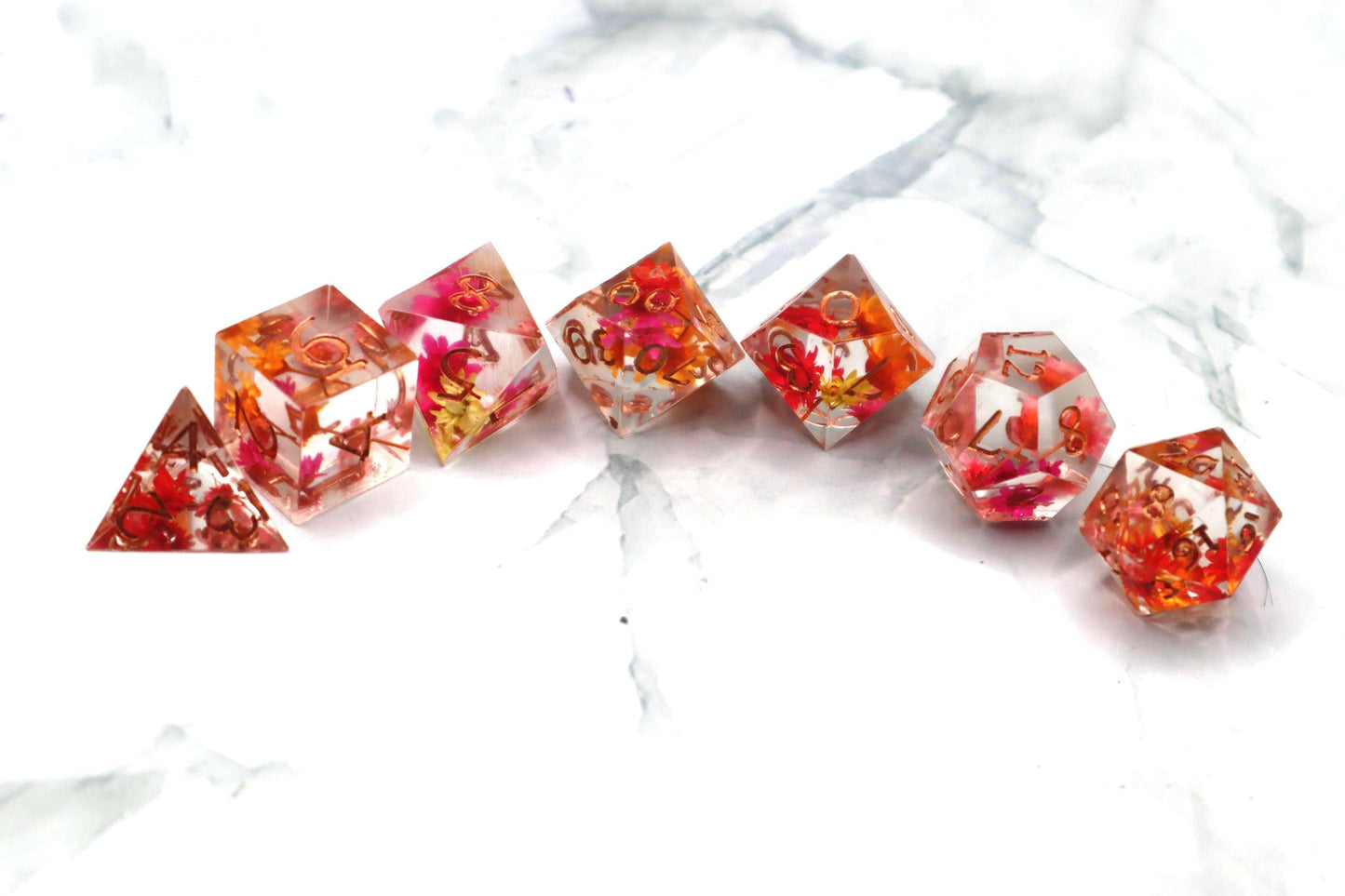 Red Orange and Yellow Floral Resin Dice Set – Handmade DnD Dice – Botanical RPG Dice – Colorful TTRPG Gift – Vibrant Polyhedral Dice