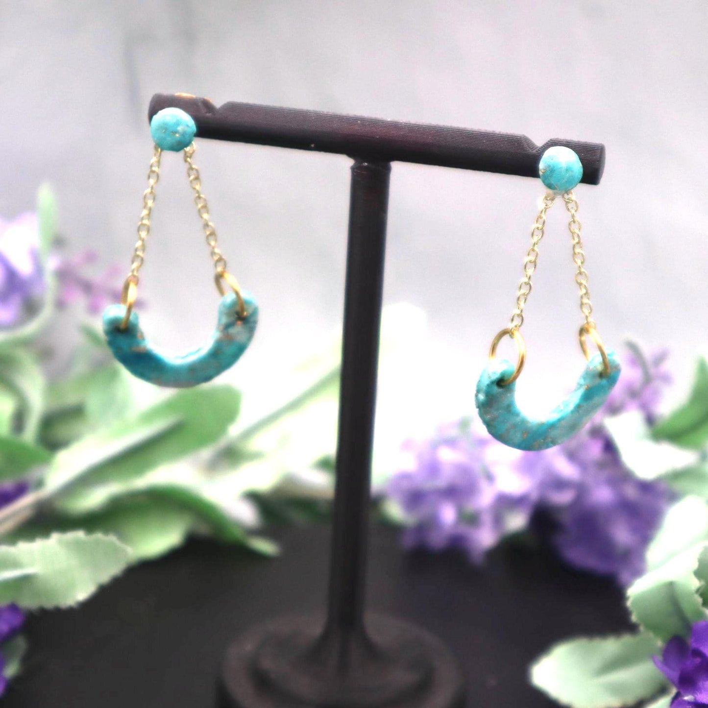 Gold & Turquoise Swinging Arch Dangle Earrings – Modern Polymer Clay Earrings – Statement Arch Earrings – Boho Gift for Her – Lightweight