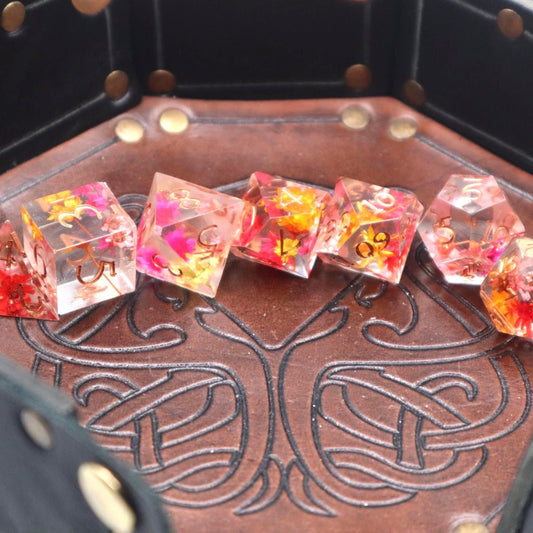 Red Orange and Yellow Floral Resin Dice Set – Handmade DnD Dice – Botanical RPG Dice – Colorful TTRPG Gift – Vibrant Polyhedral Dice