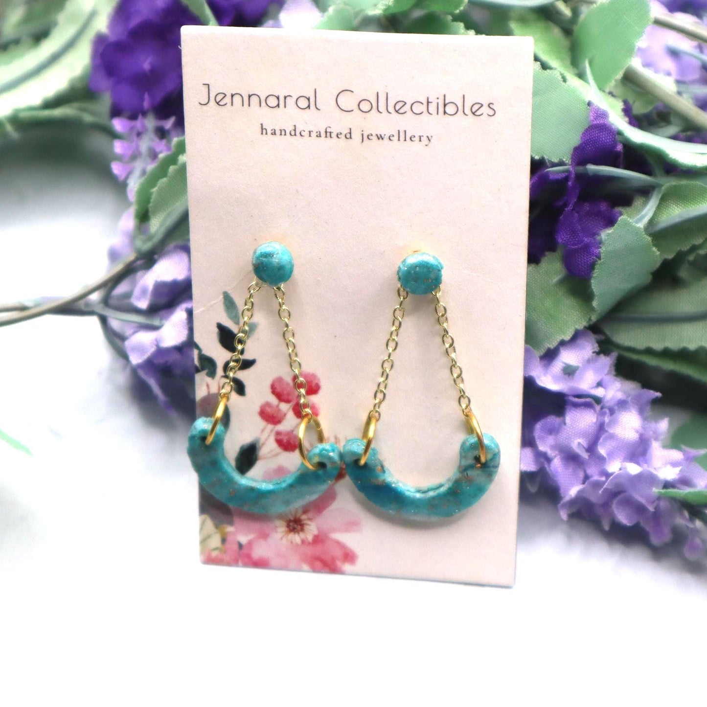 Gold & Turquoise Swinging Arch Dangle Earrings – Modern Polymer Clay Earrings – Statement Arch Earrings – Boho Gift for Her – Lightweight