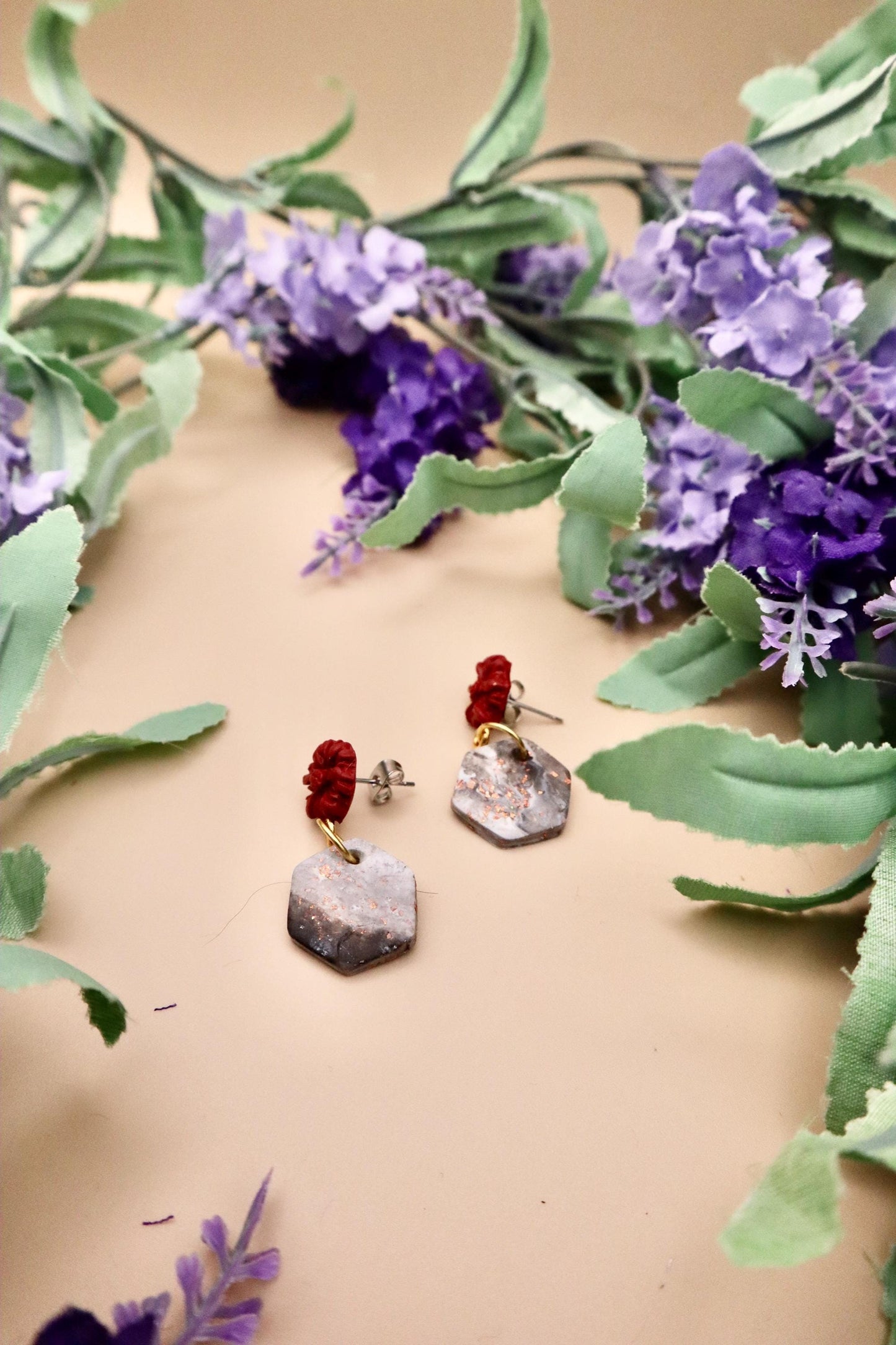Red Rose and Rose Gold Marble Hexagon Dangle Earrings | Polymer Clay