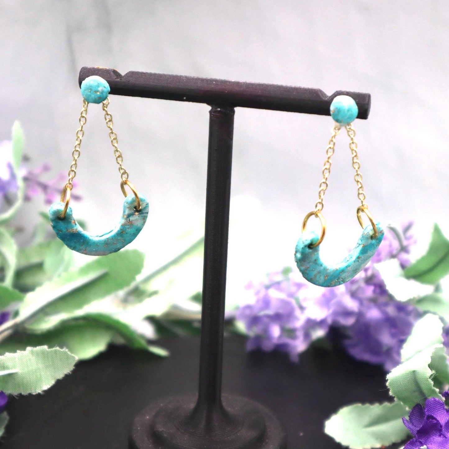 Gold & Turquoise Swinging Arch Dangle Earrings – Modern Polymer Clay Earrings – Statement Arch Earrings – Boho Gift for Her – Lightweight