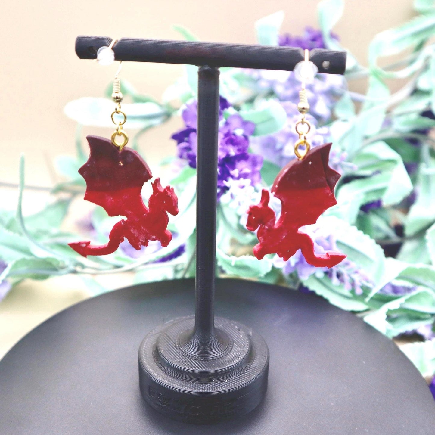 Black & Red Dragon Profile Dangle Earrings