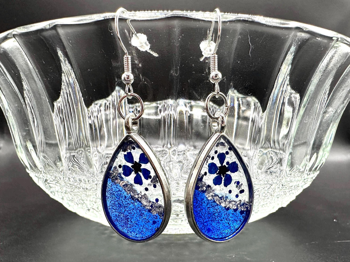Blue Flower Resin Earrings: Steel Teardrop Dangles