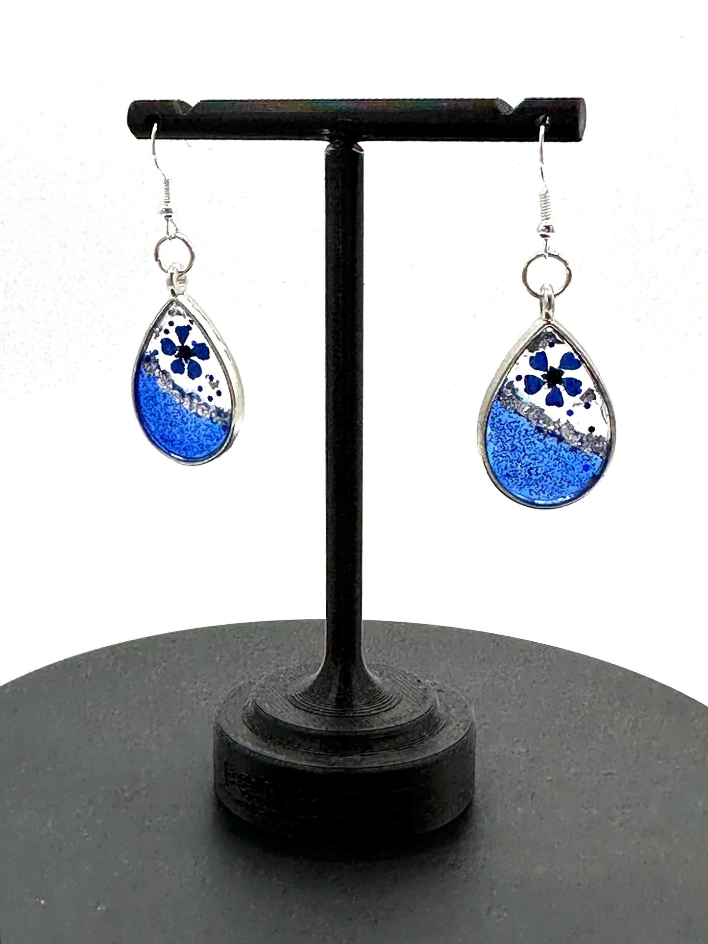 Blue Flower Resin Earrings: Steel Teardrop Dangles