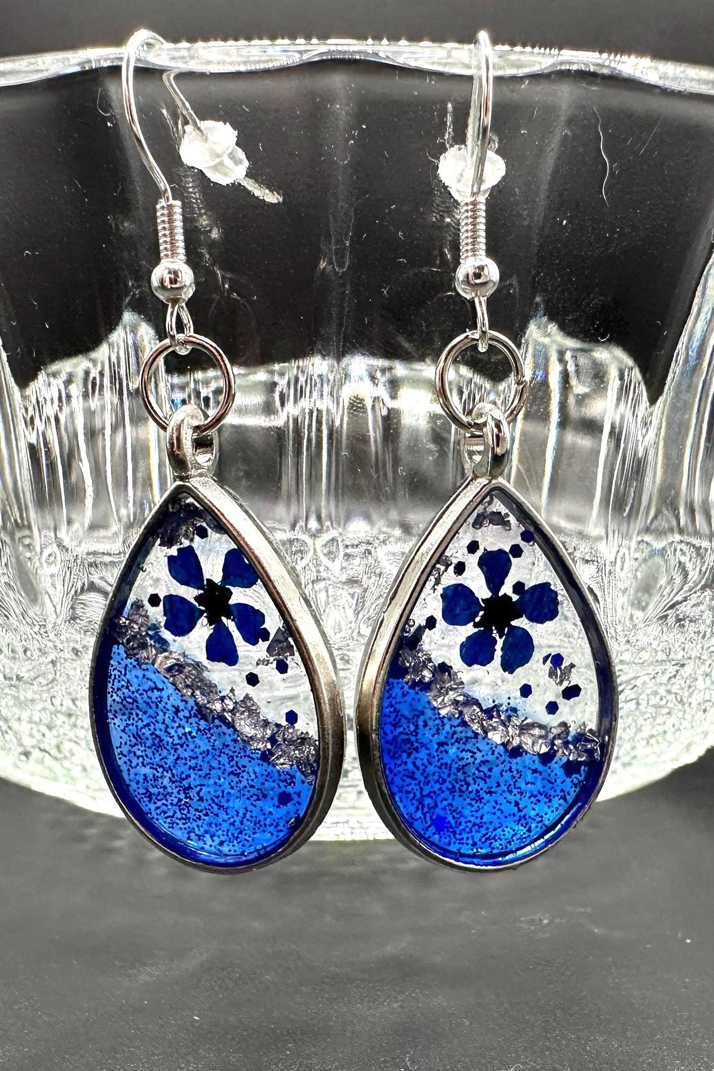 Blue Flower Resin Earrings: Steel Teardrop Dangles