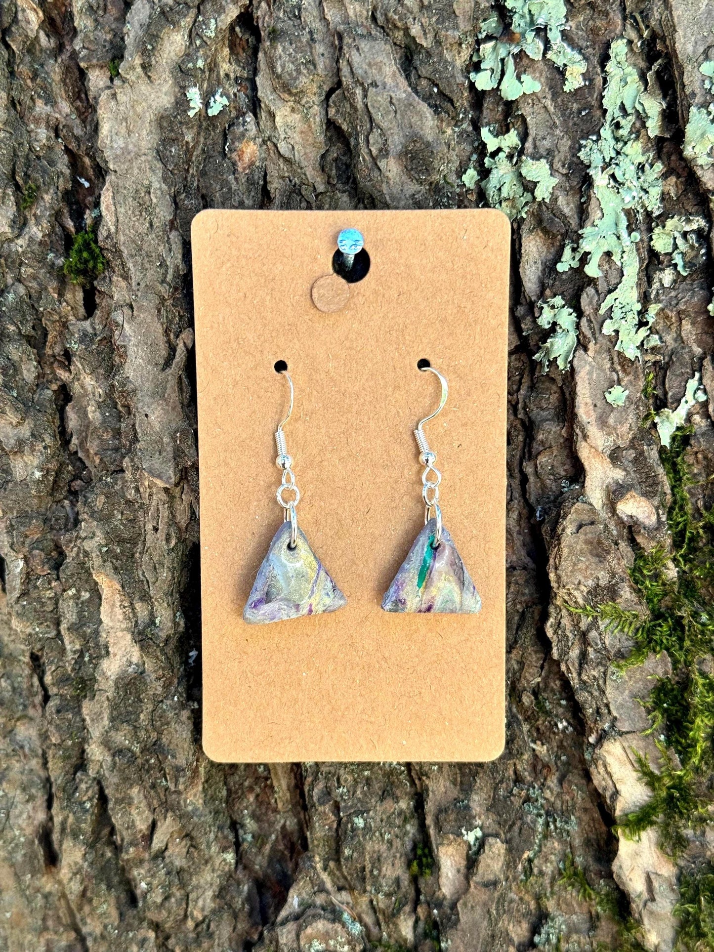Multicolored Triangle Marble Dangle Earrings with Silver Hooks