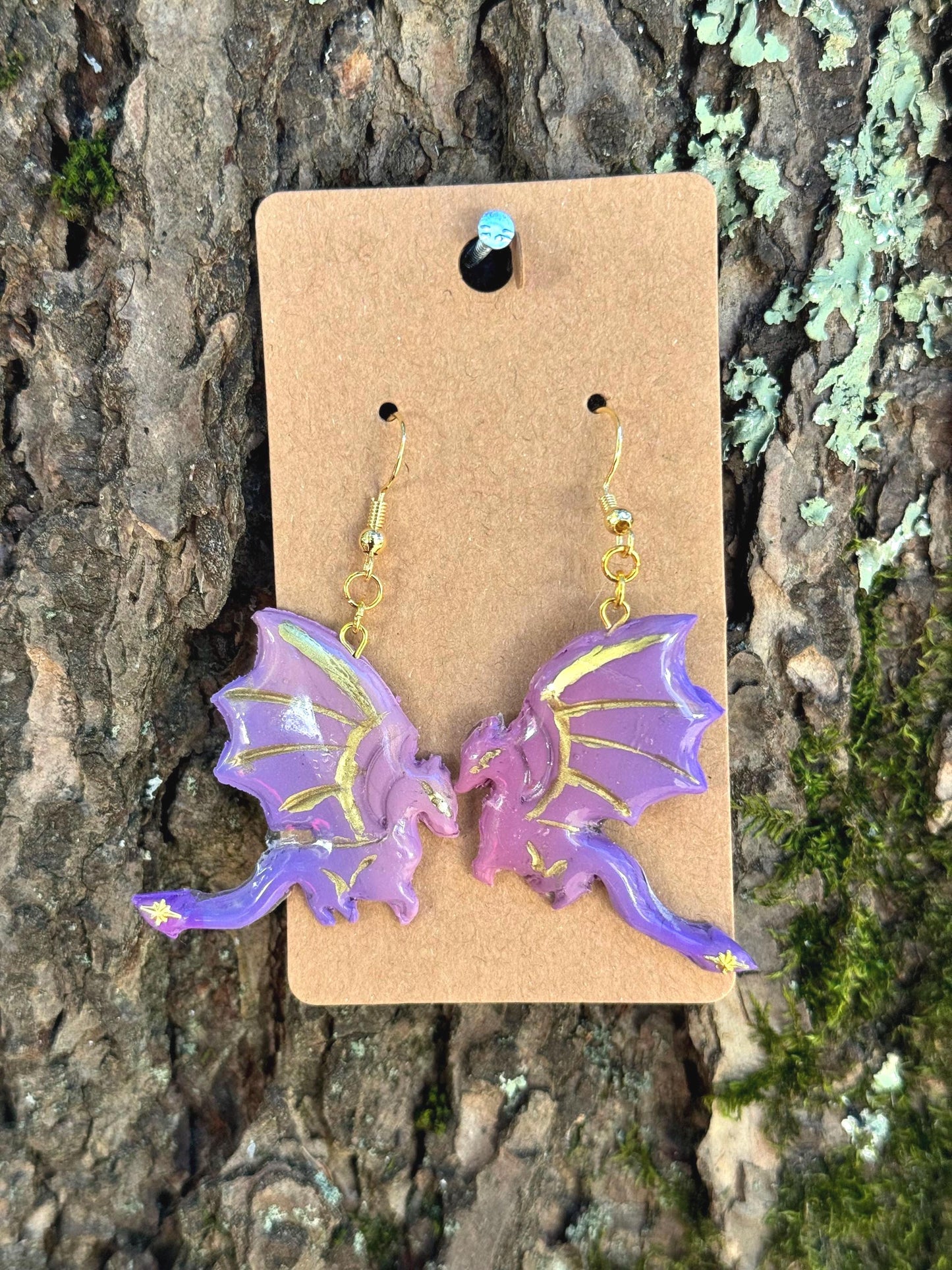 Purple & Gold Dragon Profile Dangle Earrings