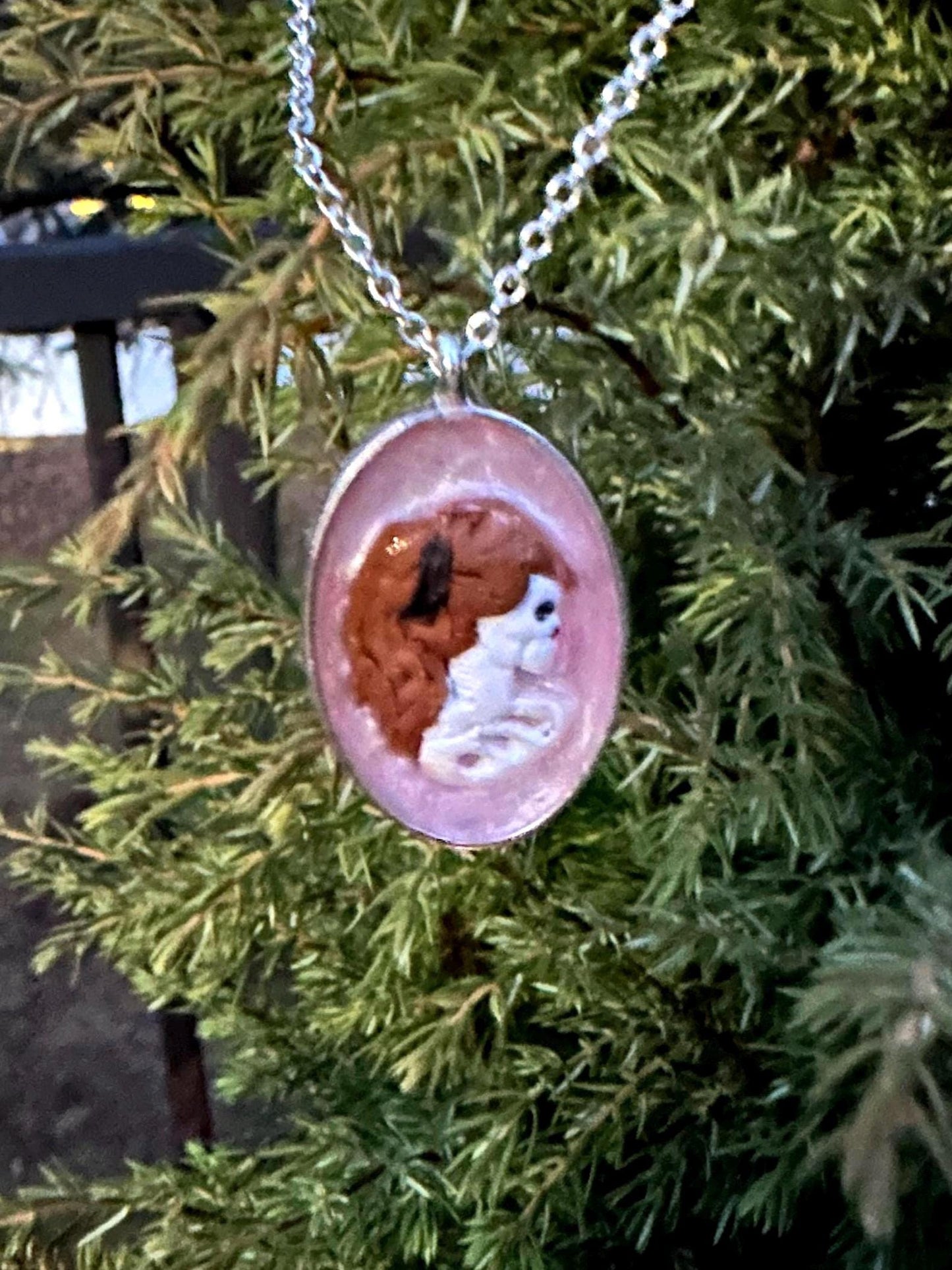 Pink Goth Antique Cameo Style Skeleton Pendant Necklace | Silver Plated Chain