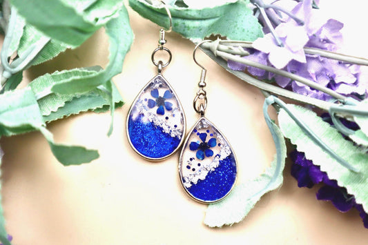 Blue Flower Resin Earrings: Steel Teardrop Dangles