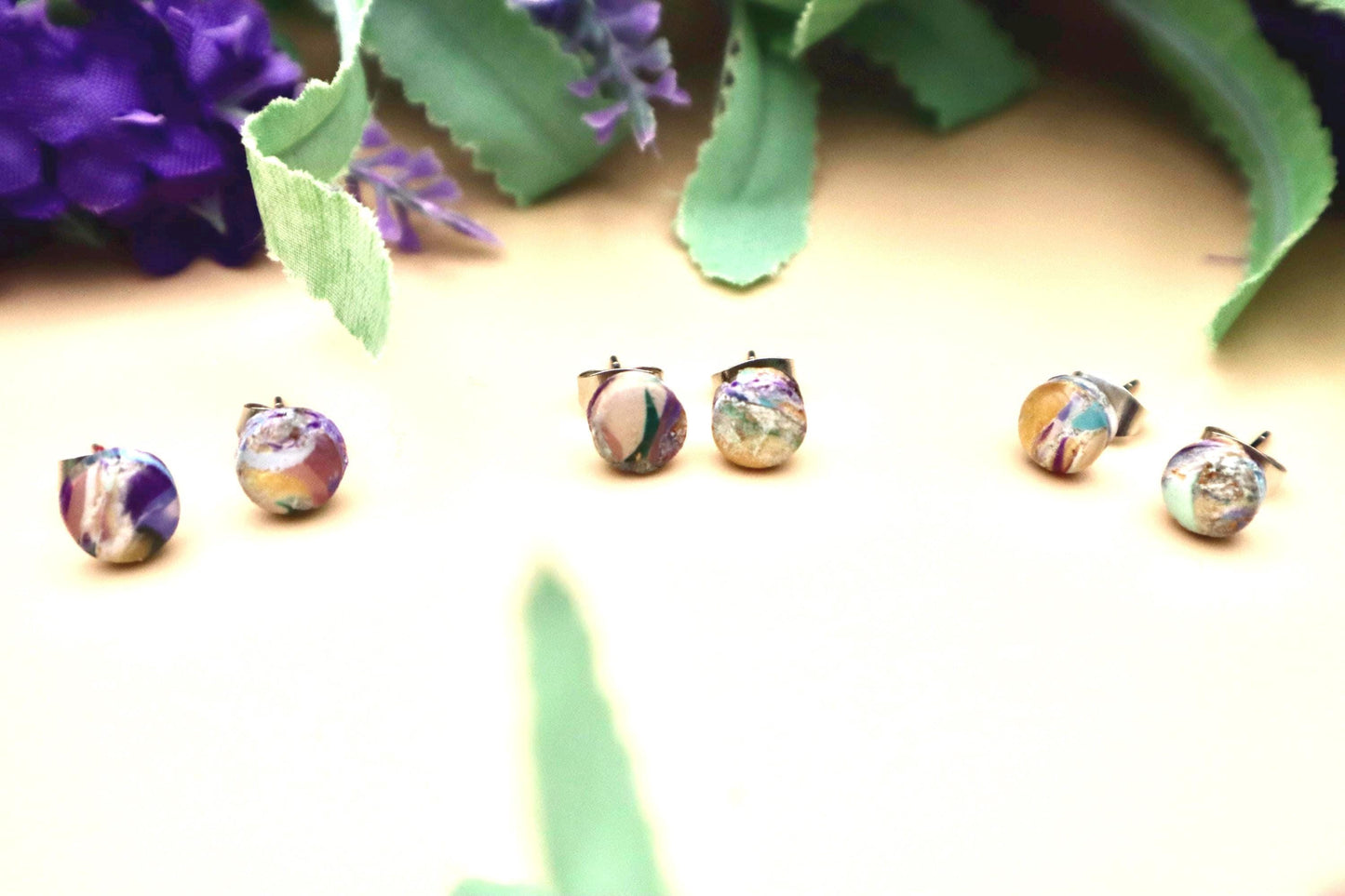 3 Pairs Polymer Clay Marble Stud Earrings