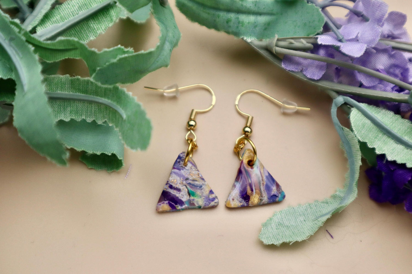 Multicolored Purple Triangle Marble Dangle Earrings