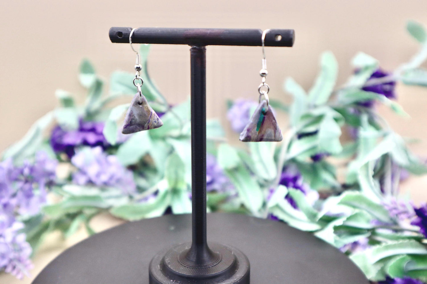 Multicolored Triangle Marble Dangle Earrings with Silver Hooks