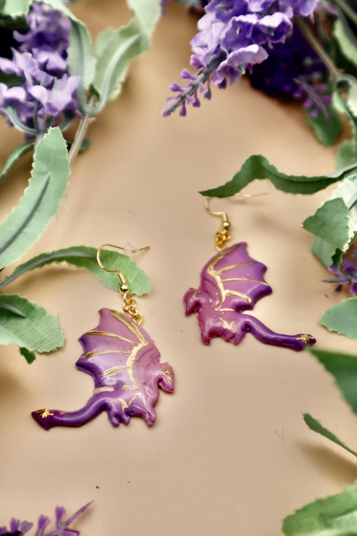 Purple & Gold Dragon Profile Dangle Earrings