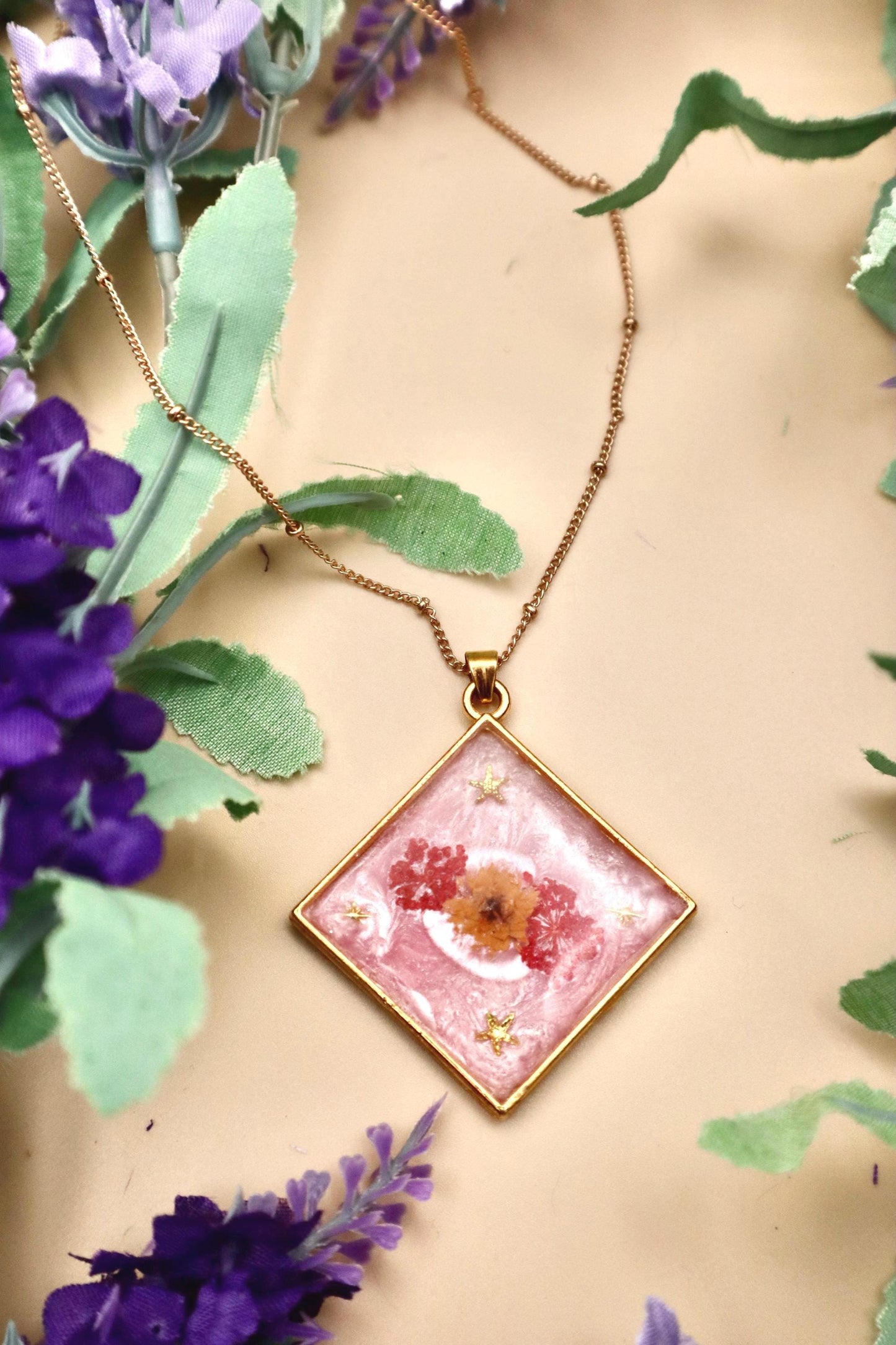 Pink and Gold Floral Pendant Necklace | Gold Plated Chain