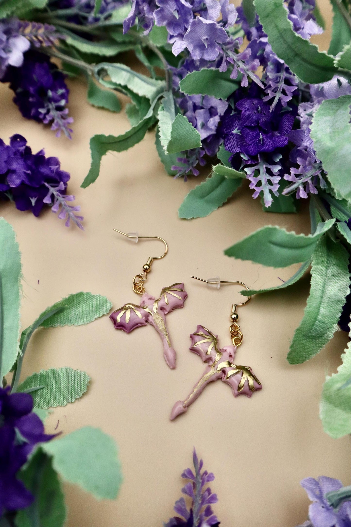 Small Pink & Gold Dragon Dangle Earrings