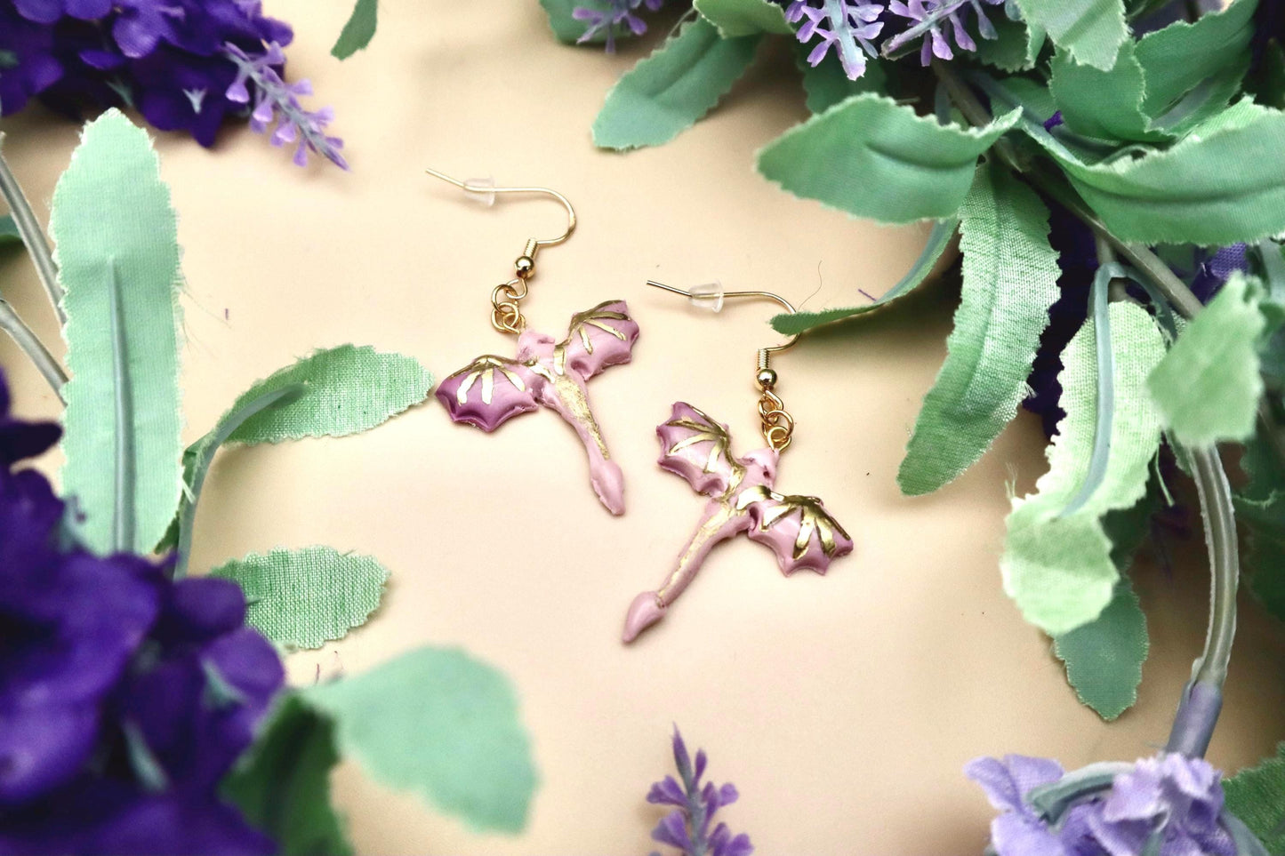 Small Pink & Gold Dragon Dangle Earrings