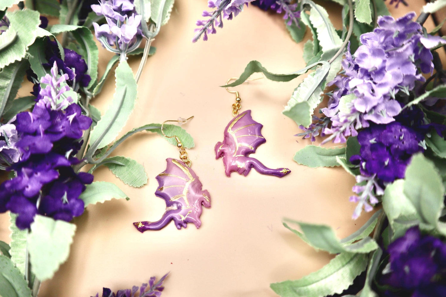 Purple & Gold Dragon Profile Dangle Earrings
