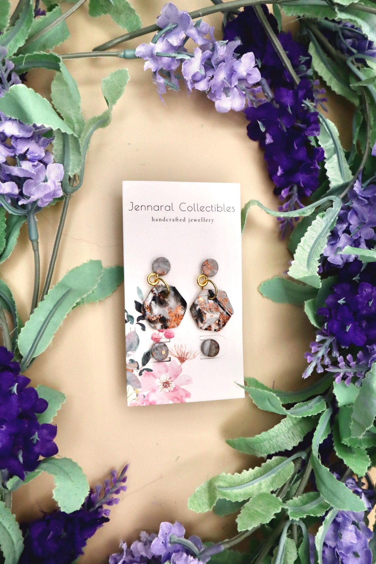 Japanese Cherry Blossom Inspired Hexagon Marble Dangle Earrings and Stud Earrings Set