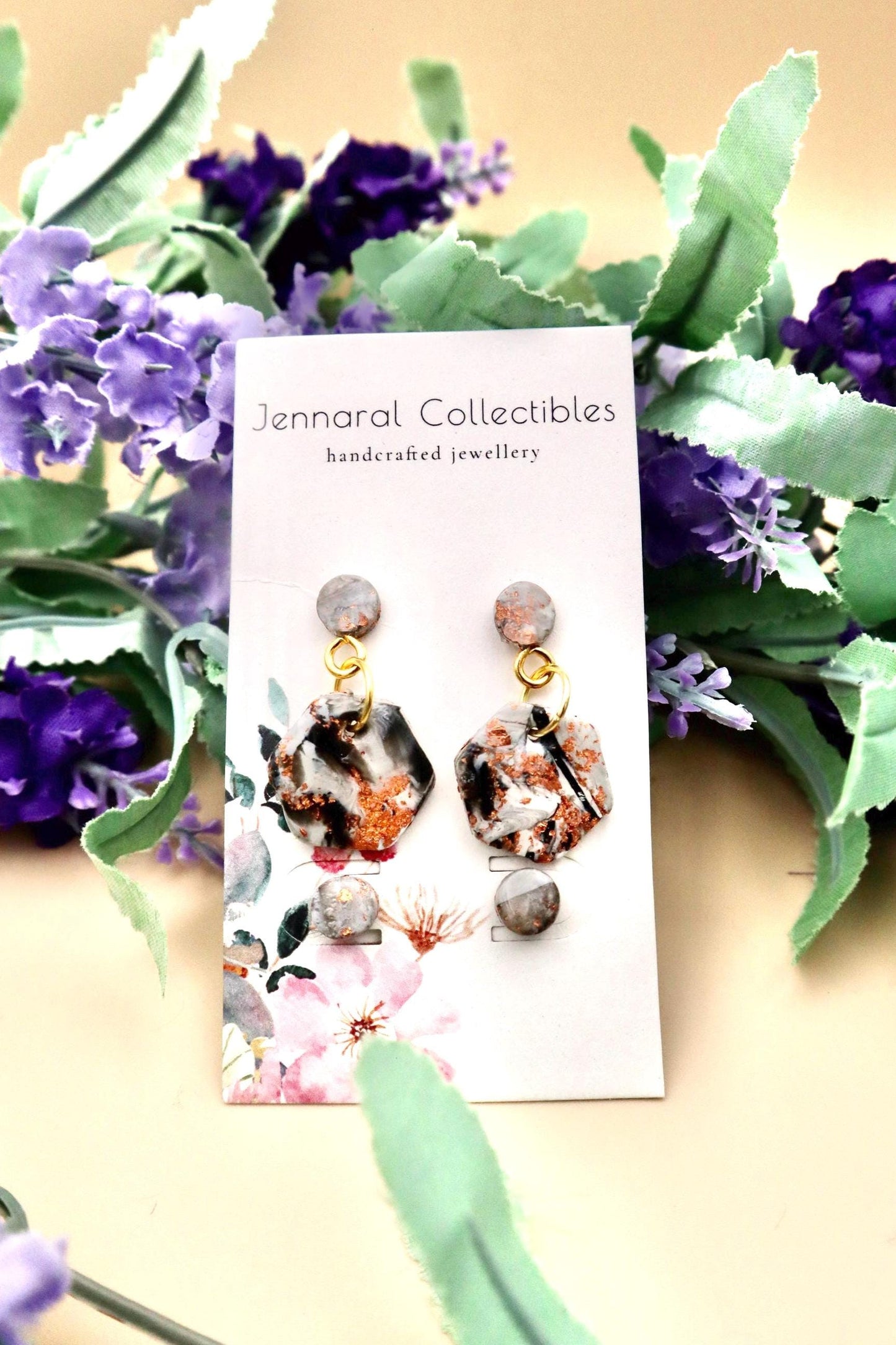 Japanese Cherry Blossom Inspired Hexagon Marble Dangle Earrings and Stud Earrings Set