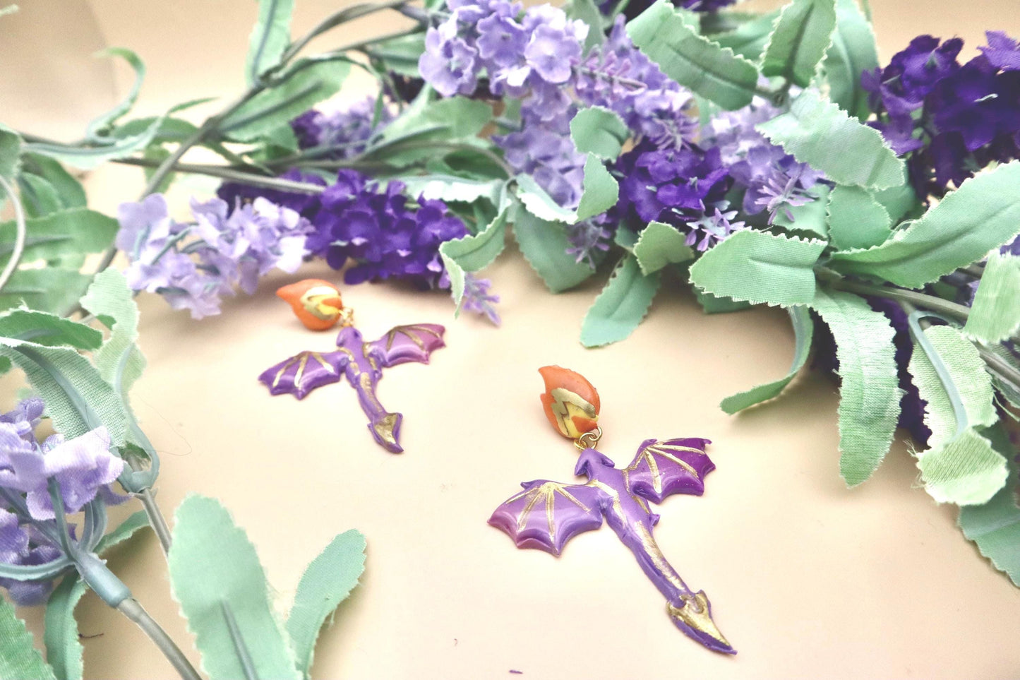 Fire Breathing Purple & Gold Dragon Dangle Earrings