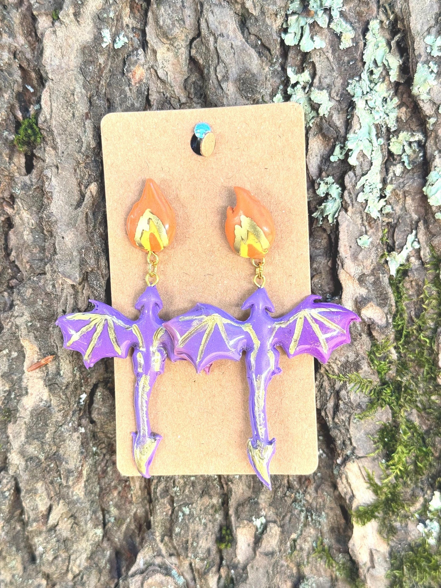 Fire Breathing Purple & Gold Dragon Dangle Earrings
