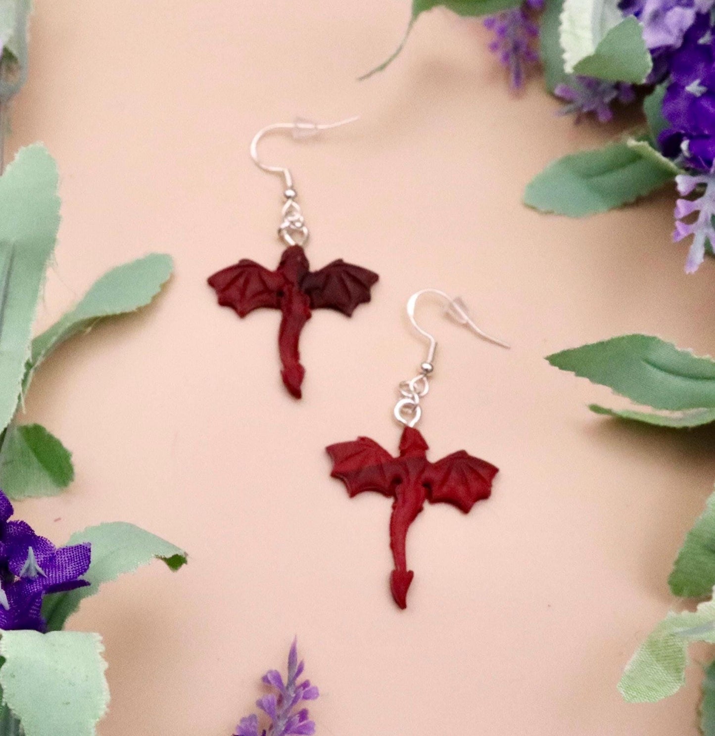 Small Black & Red Dragon Dangle Earrings