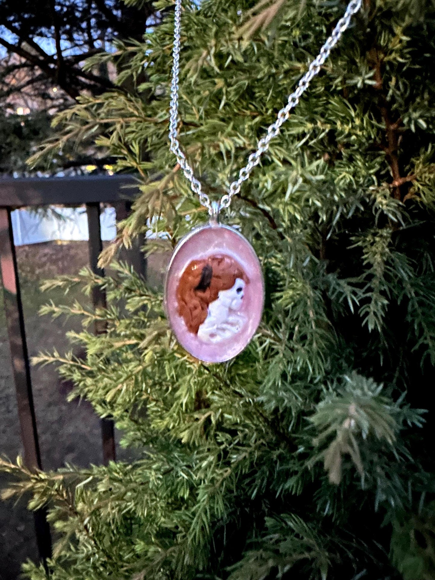 Pink Goth Antique Cameo Style Skeleton Pendant Necklace | Silver Plated Chain