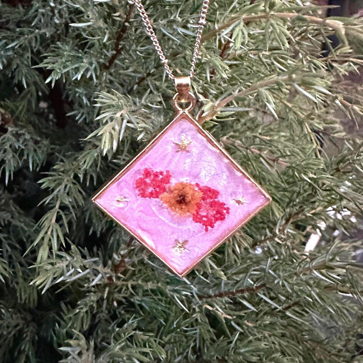 Pink and Gold Floral Pendant Necklace | Gold Plated Chain