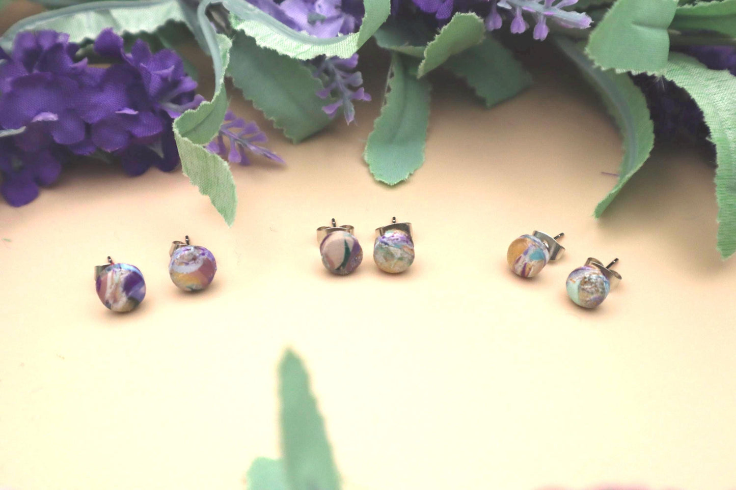 3 Pairs Polymer Clay Marble Stud Earrings