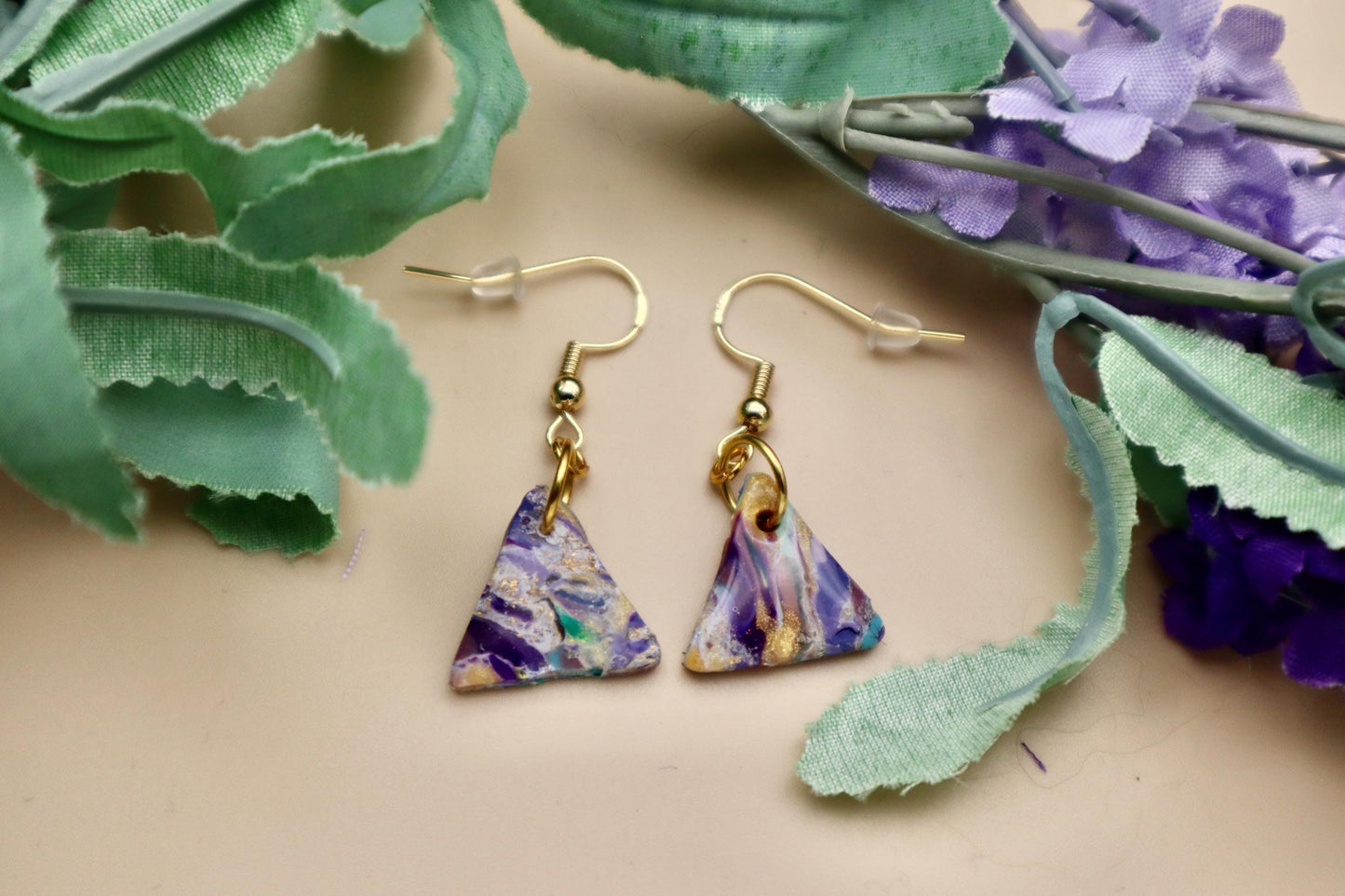 Multicolored Purple Triangle Marble Dangle Earrings