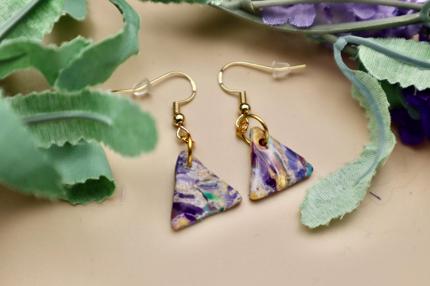 Multicolored Purple Triangle Marble Dangle Earrings