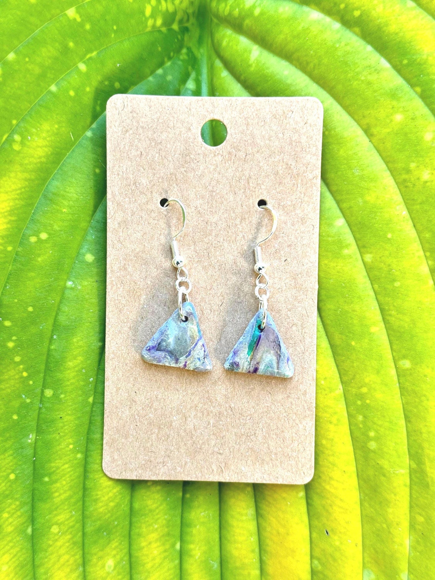 Multicolored Triangle Marble Dangle Earrings with Silver Hooks