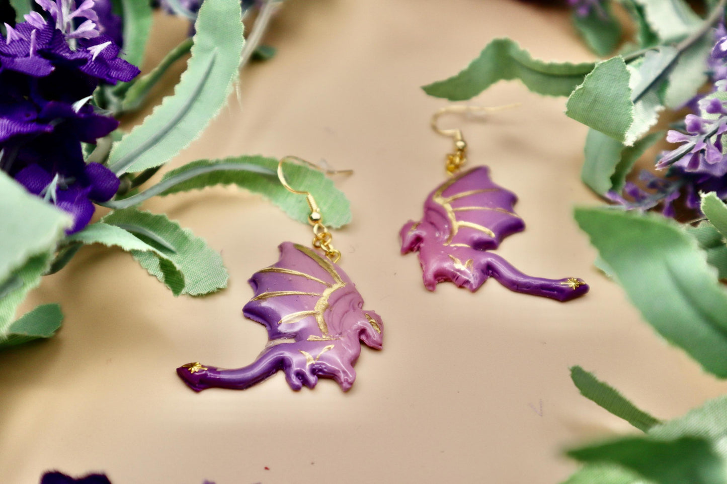 Purple & Gold Dragon Profile Dangle Earrings