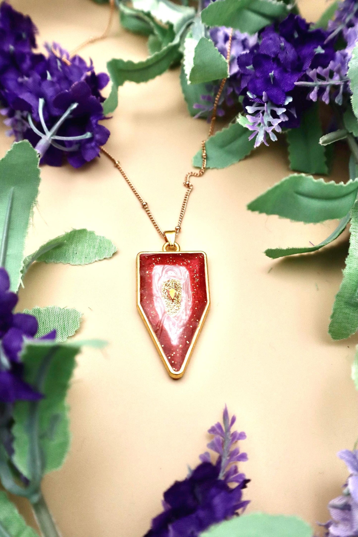 Pink and Red Geode Pendant Necklace | Gold Plated Chain