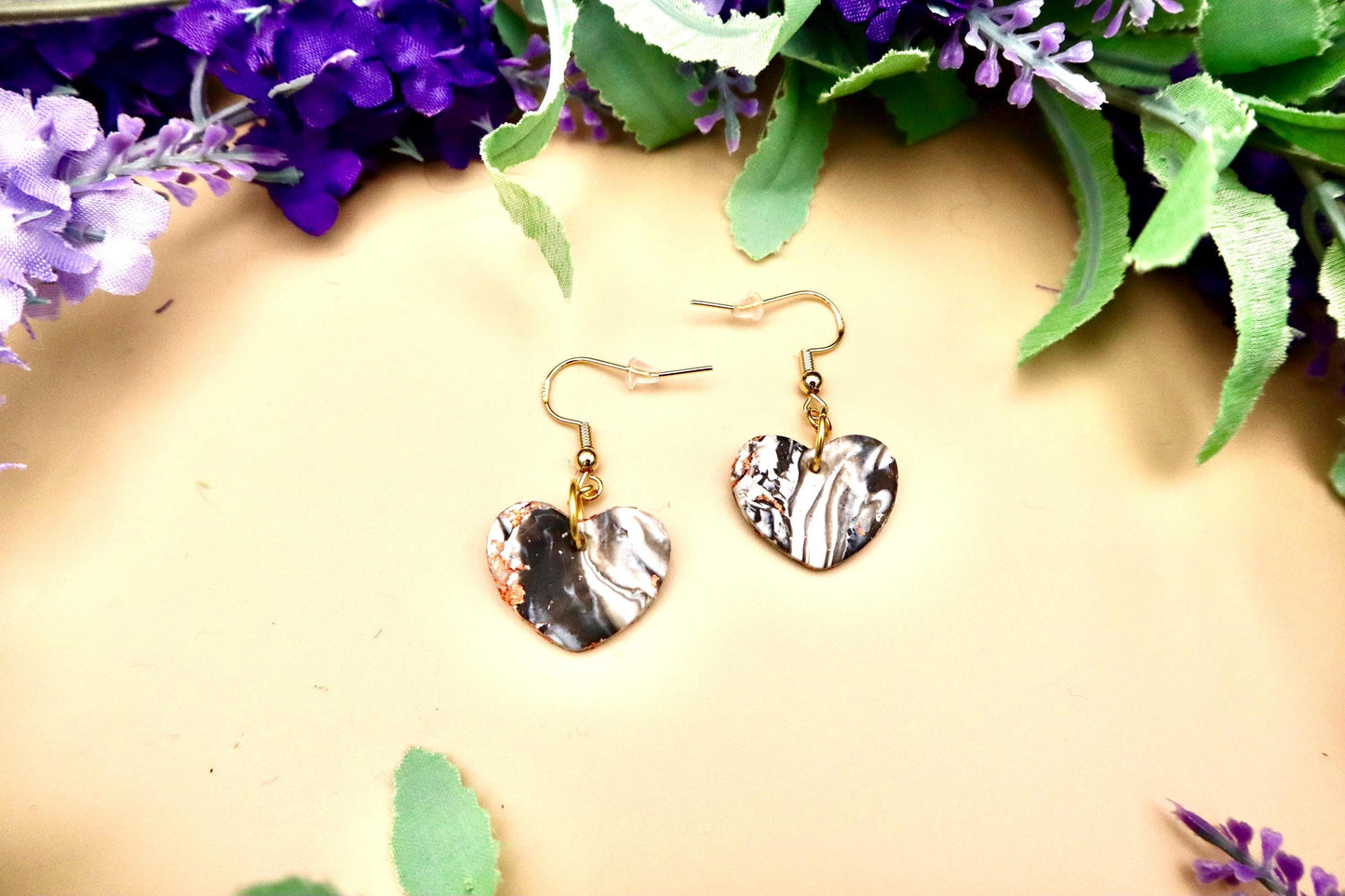Black and White Striped Rose Gold Flakes Heart Shaped Marble Dangle Earrings