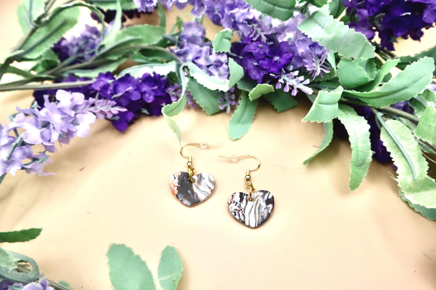 Black and White Striped Rose Gold Flakes Heart Shaped Marble Dangle Earrings