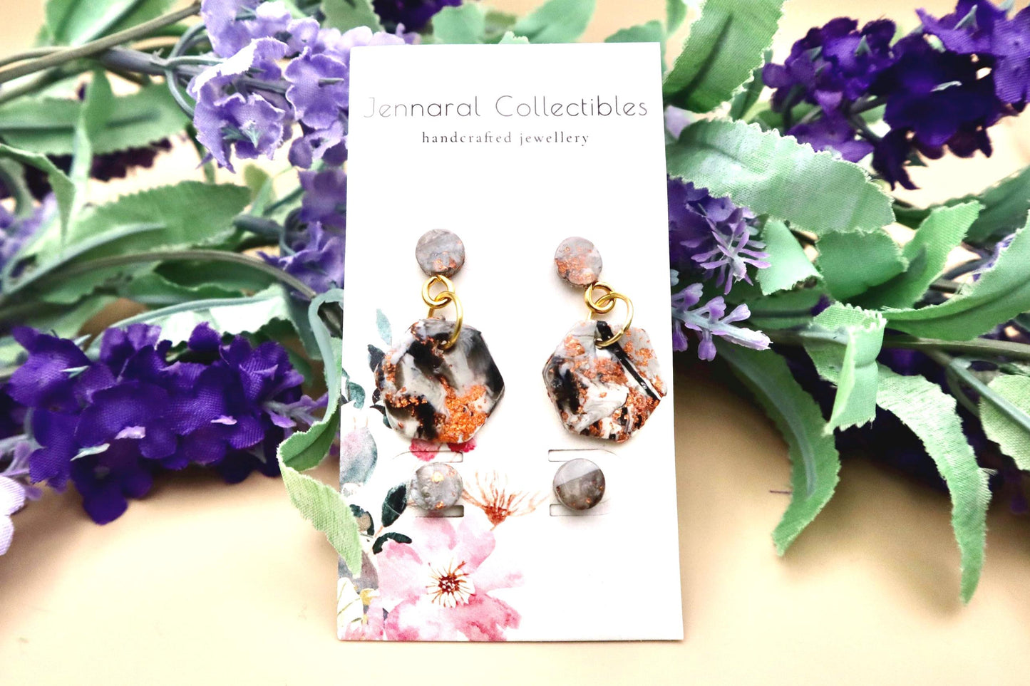 Japanese Cherry Blossom Inspired Hexagon Marble Dangle Earrings and Stud Earrings Set