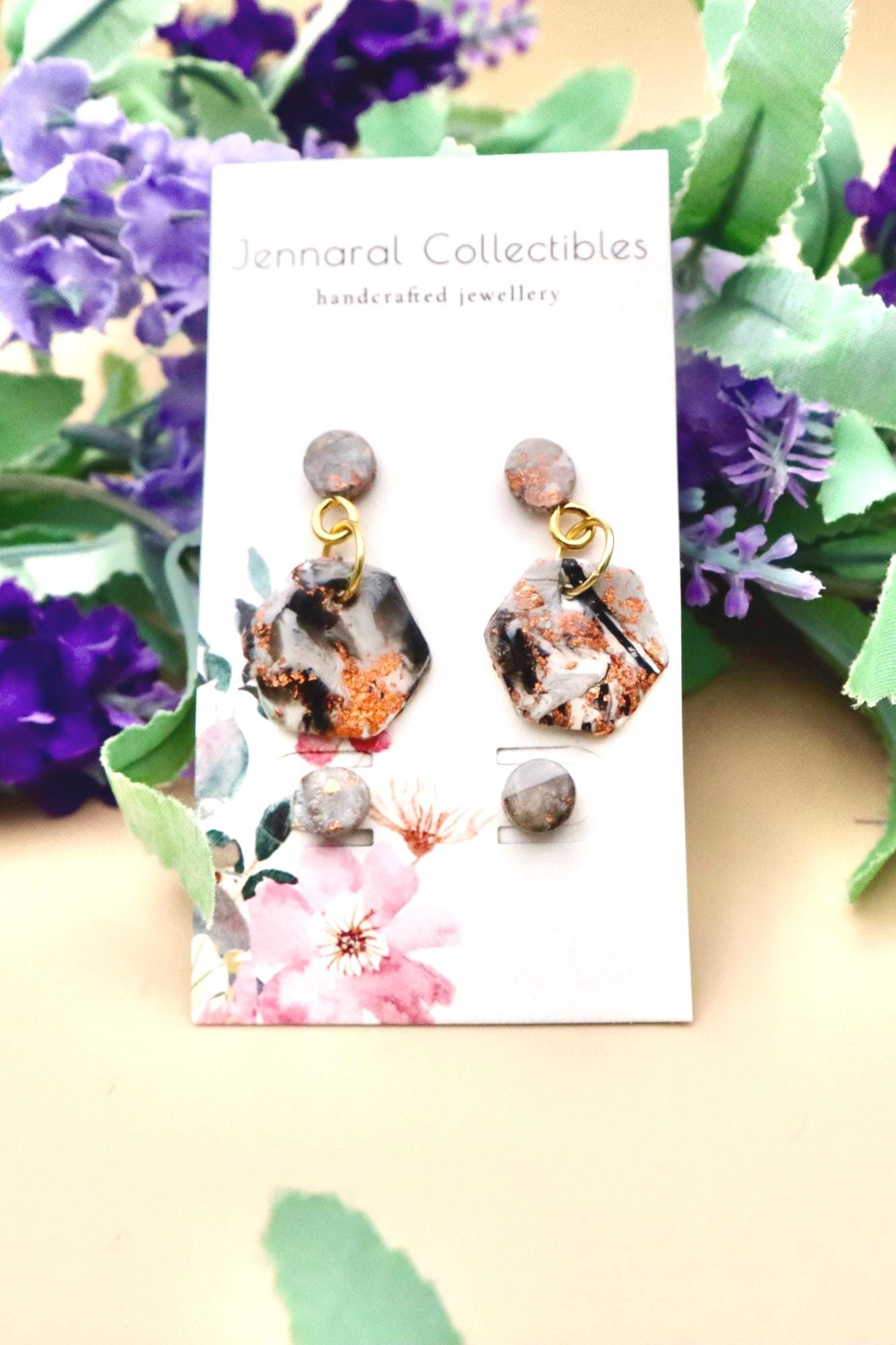 Japanese Cherry Blossom Inspired Hexagon Marble Dangle Earrings and Stud Earrings Set