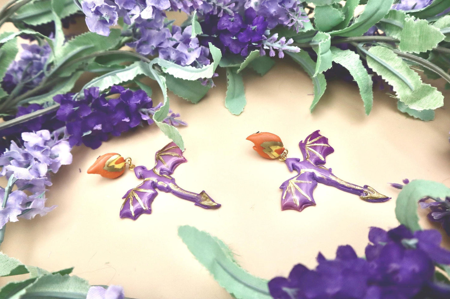 Fire Breathing Purple & Gold Dragon Dangle Earrings