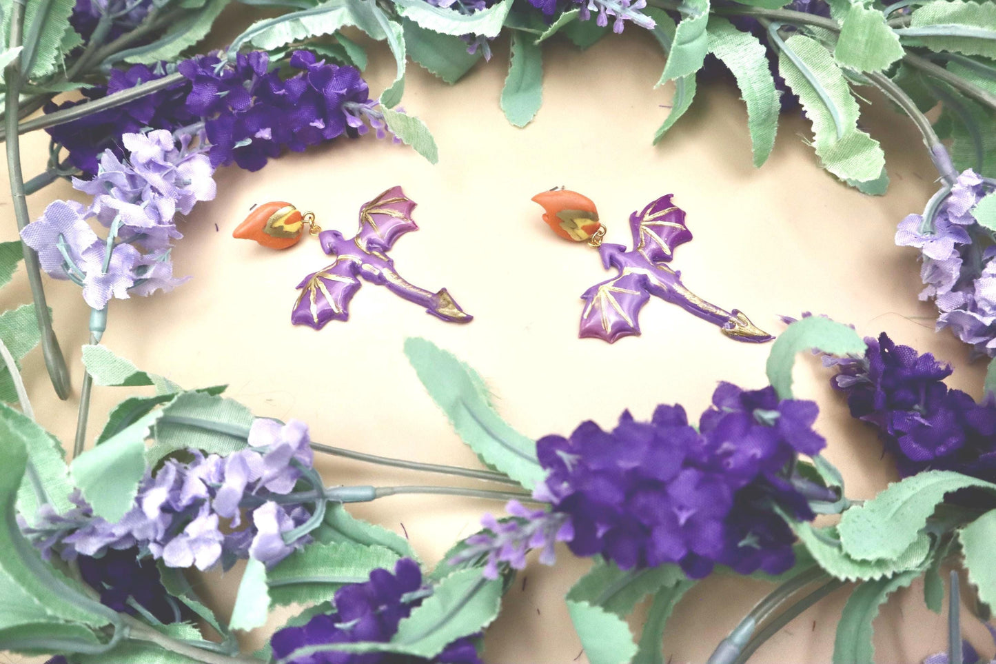 Fire Breathing Purple & Gold Dragon Dangle Earrings